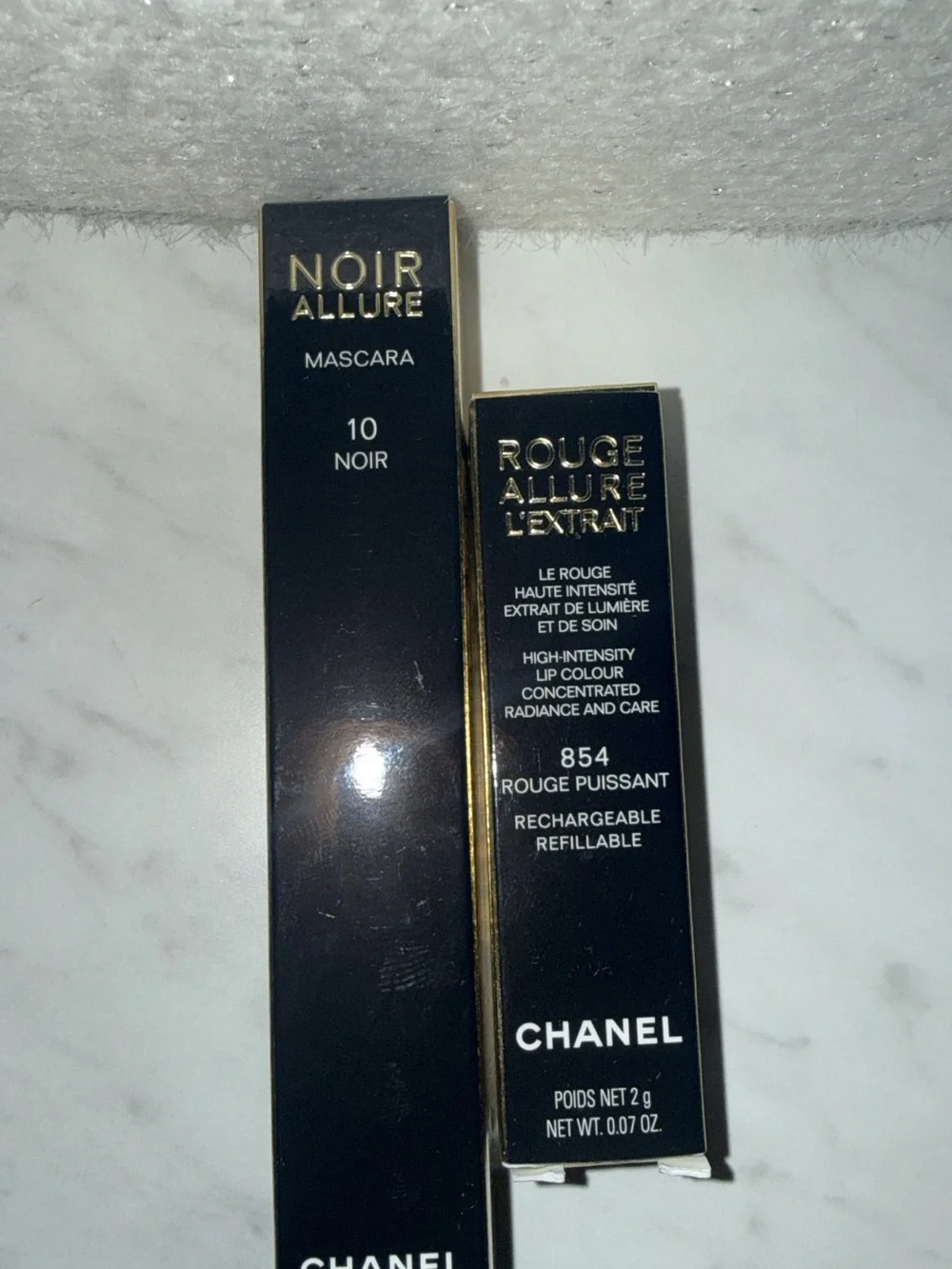 CHANEL Black Mascara & Red Lipstick Set with Cream Pouch